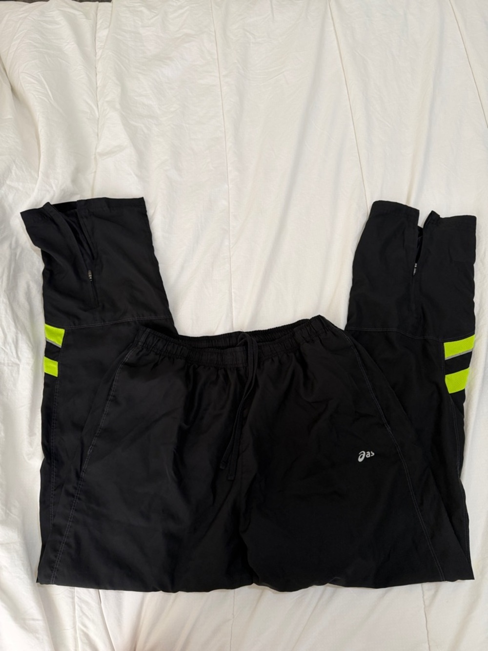 ASICS Black Track Pants with Neon Green Calf Stripes